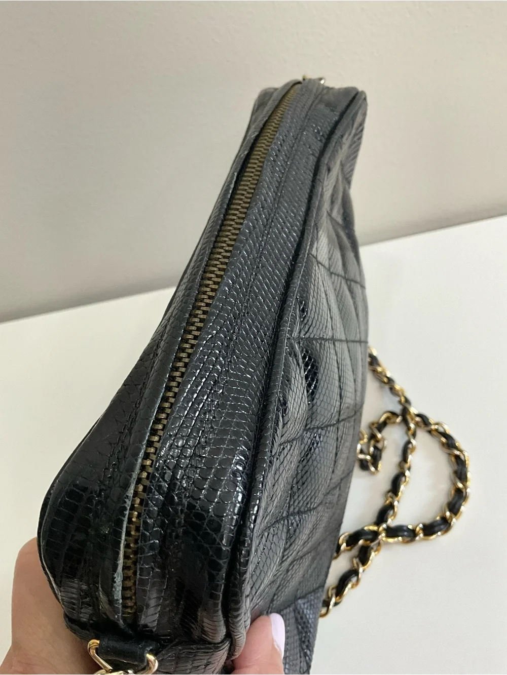 CHANEL Black Quilted Lizard Camera Bag CC Logo Tassel Gold Chain Crossbody CERT